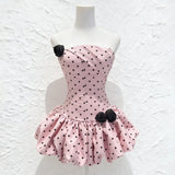 Polka Dot Strapless flower Corset Puff Mini Dress In Pink