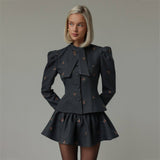 adora dark grey Butterfly Embroidered blazer mini skirt Set