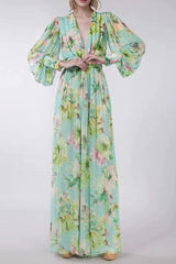V Neck floral print chiffon maxi dress in green