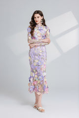 CAROL PURPLE FLORAL EMBROIDERY MESH LONG SLEEVE MIDI DRESS