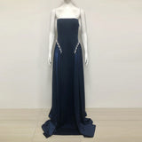 samantha Dark Blue Pearls Embroidered strapless maxi Dress