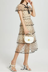 floral Embroidery pleated mesh midi dress in apricot