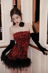 quintina Sequin Feather Strapless mini Dress in red