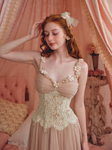 heloise lace mesh flower detail maxi dress in cream pink