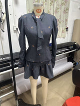 adora dark grey Butterfly Embroidered blazer mini skirt Set