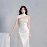 sylvia rhinestone embellish strapless satin maxi dress  - white