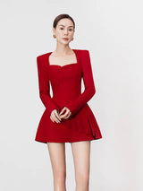 victoria red square neck long sleeve a-line mini dress