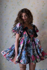 basia floral print ruffle trim hem puff mini dress