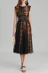 phoenix 3d Embroidered lace mesh midi dress in black