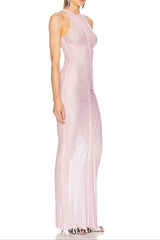Hollow Mesh Rhinestone Sleeveless maxi Dress in pink