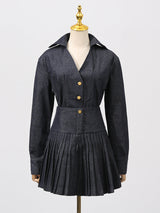 florence Single-breasted top pleated skirt in navy blue