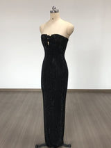 Strapless Rhinestone rose maxi dress in black
