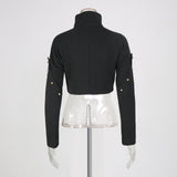 Button-embellished cotton-jersey top maxi skirt suit in black