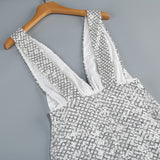 rebecca bow sequin embellished v neck maxi dress in silver