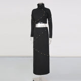 Button-embellished cotton-jersey top maxi skirt suit in black