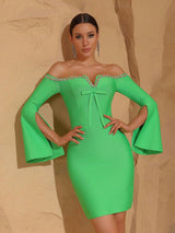 cara Off-shoulder long-sleeve diamond bodycon mini dress in green