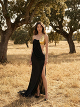 elvira one-shoulder Metal chain decoration maxi dress in black