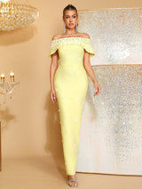 belen Pearl Beaded strapless maxi Bandage Dress in yellow