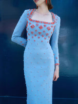 meroy square neck floral Beading Embroidery maxi dress in sky blue