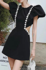 Three-dimensional ruffle rhinestone hollow mini dress in black