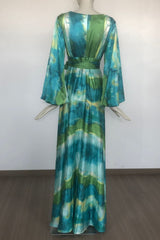 Green multicolor floral print puff sleeve maxi dress