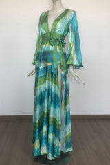 Green multicolor floral print puff sleeve maxi dress