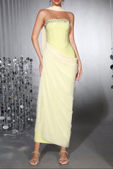 Rhinestone Patchwork Strapless Herringbone maxi Dress - yellow