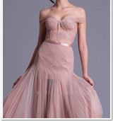 floral dentelle off-shoulder bustier corset net skirt set in pink