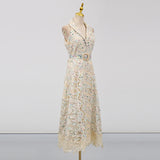 chloe sleeveless hollow lace maxi dress in beige