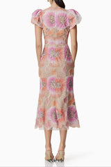 lydia puff sleeve Floral Midi Dress in Pink