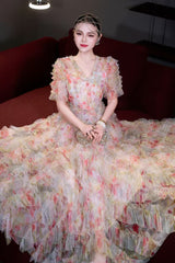 jodie v neck multicolor ruffle trim tulle maxi dress