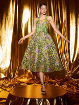 penny v-neck flower appliqué backless midi dress in green