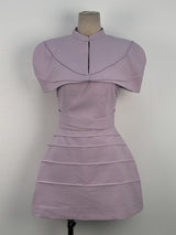 hilary purple Pleated cape mini dress with spaghetti straps