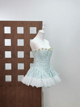 irene floral print strapless tulle mini dress in blue