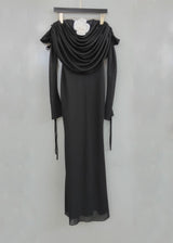 lila flower embellished pleated strapless maxi dress in black