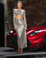 crop top drape skirt set in silver