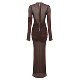 long sleeve mesh insert draped maxi dress