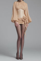 Floral Applique Corset Mini Dress in nude