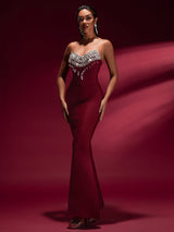 tina off-shoulder Crystal Applique Bandage Mermaid Gown in burgundy