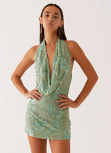 Cowl Neck Beaded Mini Dress In Mint
