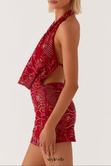 Cowl Neck Beaded Mini Dress In Red