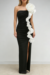 judy One Shoulder Peony Ruffle Gown in black
