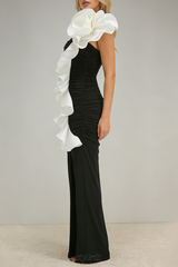 judy One Shoulder Peony Ruffle Gown in black