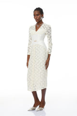 kimberley white v-neck lace patchwork midi dress