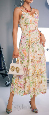 MULTICOLOR FLORAL EMBROIDERED MIDI DRESS