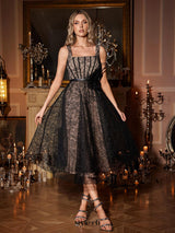 dora 3d flower Square Neck Lace Midi Dress in black