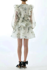 norma floral print SILK ORGANZA TIE NECK MINI DRESS