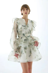norma floral print SILK ORGANZA TIE NECK MINI DRESS