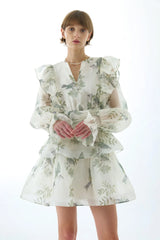 norma floral print SILK ORGANZA TIE NECK MINI DRESS
