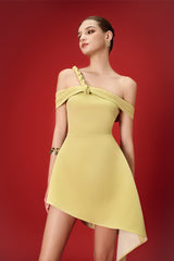 anila Asymmetric Off-Shoulder Mini Dress in Nuggets Green